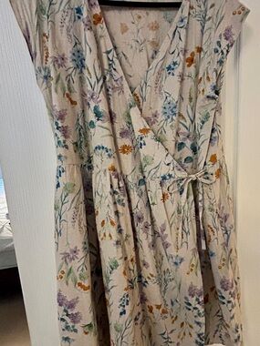 Linen Floral Wrap Midi Dress
